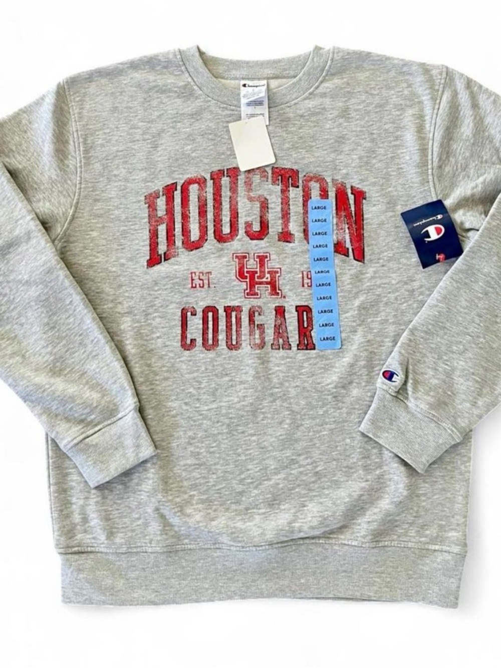 Champion Gray Crewneck Sweatshirt with Red Houston Cougars Graphic